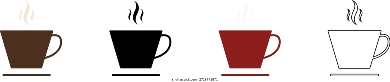 Coffee Cups Line Icons Set with Steam Rising