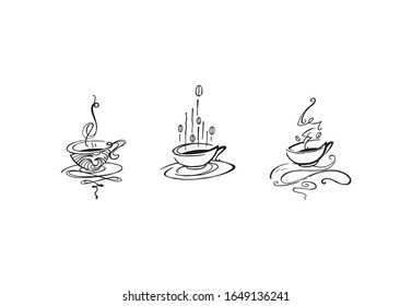 Coffee cups logo outline set, hand drawn illustration. Hot drinks simple sign drawing detail. Restaurant cafe cup with plate original label.