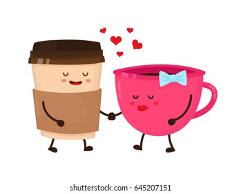 Coffee cups love flirt vector flat style cartoon fun character  illustration. Cute happy icon.  Take away coffee, cafe concept. Isolated on white background