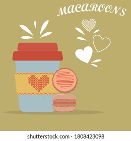 Coffee cups with macaroons. Knitted accessories. 

