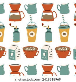 Coffee cups. coffee maker, milk seamless pattern. Vector illustration can used for kitchen textile, wrapping paper, cafe wallpaper, poster. 