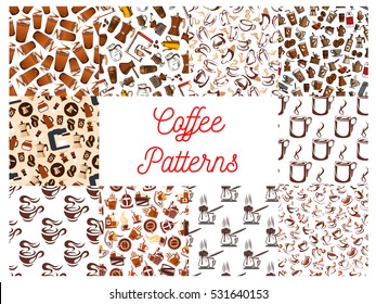 Coffee cups and makers seamless patterns. Background with vector icons of vintage coffee mill, turkish cezve, espresso machine, retro grinder, moka pot, macchinetta, milk pack, coffee beans