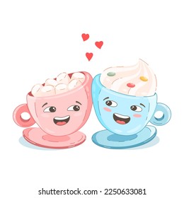 Coffee cups with marshmallows and whipped cream, cocoa, hot chocolate, cute cartoon-style image of your favorite drink with New Year decor, lovers