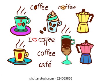 Coffee cups morning colorful set.
