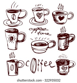 Coffee cups morning doodle set