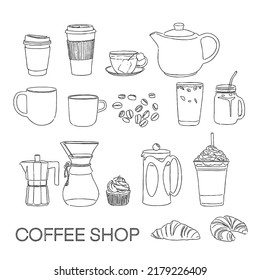 Coffee cups and mugs. Coffee beans, drinks, cupcake, tea, and croissant as various illustration for coffeeshop. For logo design or branding elements for coffee shops and cafe. Vector illustration.