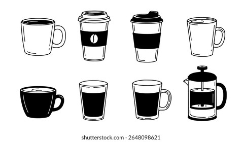Xícaras de café e canecas - conjunto de ícones de bebida quente em preto e contorno - elementos vetoriais escaláveis para design de marca, embalagem ou impressão