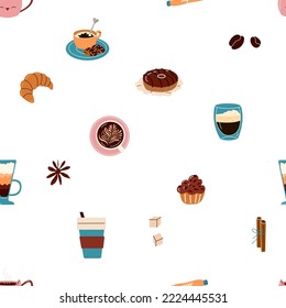 Café, tazas, gafas y varios postres dulces sin fisuras. Diseño de fondo vectorial para cafetería, restaurante, decoración de cafetería. Ilustraciones de dibujos animados de color