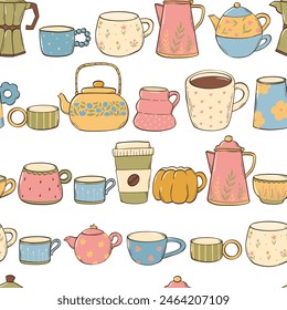 coffee cups, mugs and kettles seamless pattern with hand drawn doodles for wallapper, kitchen textile prints, wrapping paper, scrapbooking, backgrounds, etc. EPS 10