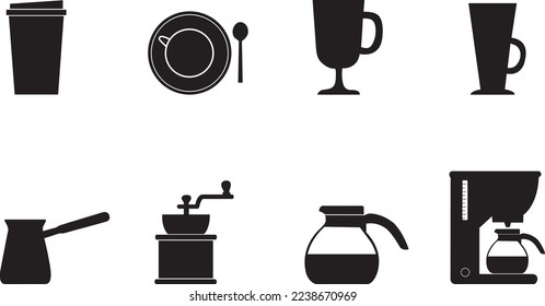 Coffee cups, mugs and coffee machines on a white background with copy space