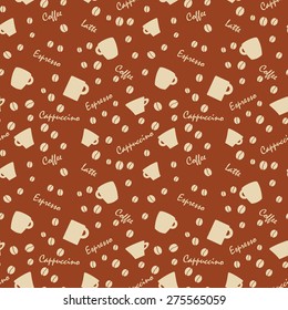 Coffee cups and names with beens, Seamless background pattern.