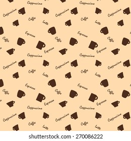 Coffee cups and names Seamless background pattern.