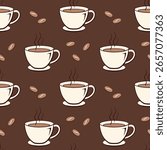 Coffee cups on brown background, pattern with coffee beans and mugs.