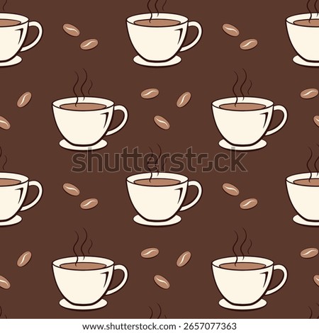 Coffee cups on brown background, pattern with coffee beans and mugs.