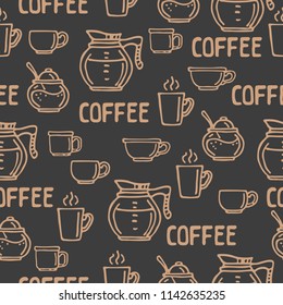 Coffee cups on dark background. Seamless pattern for textile prints, gift wrap or wallpaper.
