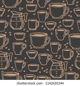 Coffee cups on dark background. Seamless pattern for textile prints, gift wrap or wallpaper.