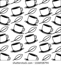 coffee cups on dishes mint leaves background