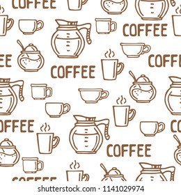 Coffee cups on white background. Seamless pattern for textile prints, gift wrap or wallpaper.