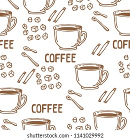 Coffee cups on white background. Seamless pattern for textile prints, gift wrap or wallpaper.