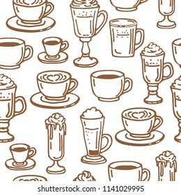 Coffee cups on white background. Seamless pattern for textile prints, gift wrap or wallpaper.