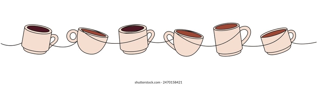 Coffee cups one line colored continuous drawing. Hand drawn elements for coffee shop. Vector linear illustration.