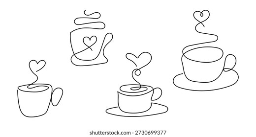 Kaffeetassen und eine Teekanne Sammlung von vier fortlaufenden Linien Kunstzeichnungen, die verschiedene zeigen, alle mit Herzformen aufsteigen als Dampf symbolisieren Wärme und Liebe für Getränke.