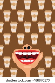 Coffee cups and open mouth, vector concept of caffeine addiction