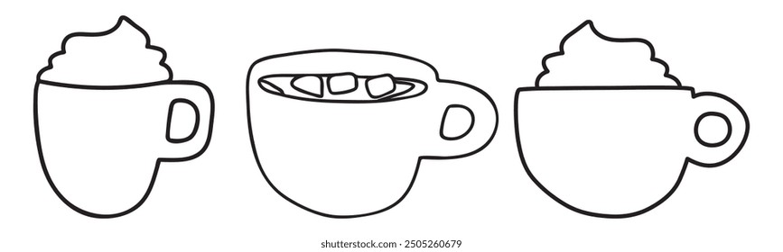 Coffee cups. Outline isolated icons. Hand drawn design. Vector illustrations on white background.