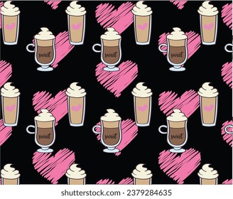 coffee cups over black background with pink hearts