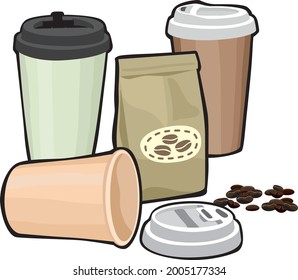 Coffee cups and packet collage. Coffee cups with lid. Coffee to go coposition.