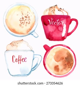 Coffee cups painted with watercolors on white background. Vector