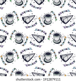 Coffee cups and paper airplanes . Seamless pattern on a white background. Cute vector illustration.