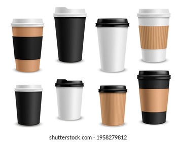 Coffee cups paper. Takeaway realistic cups white, black and brown container for latte espresso or cappuccino drinks, morning aroma beverage in blank package and empty labels vector mockup set