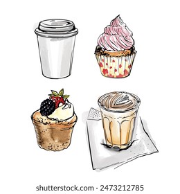 Coffee cups and pastries, buns, breakfast.. Black ink drawing on a white background.