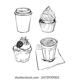 Coffee cups and pastries, buns, breakfast. Black ink drawing on a white background.