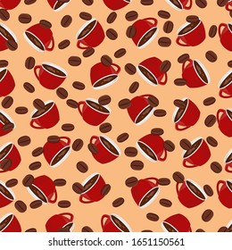 Coffee cups pattern with coffee beans. Coffee background. Seamless coffee pattern