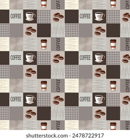 Coffee cups in a pattern.Vector seamless pattern with coffee cups and text in colored squares.The images are created without the use of any artificial intelligence software at any stage.