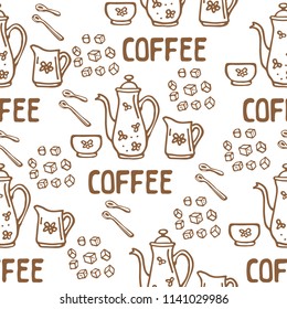 Coffee cups and coffee pots on white background. Seamless pattern for textile prints, gift wrap or wallpaper.