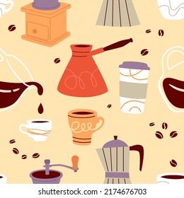 Coffee cups and pots seamless pattern on beige background. Vector repeatable textile design. Colorful cartoon flat illustration. 