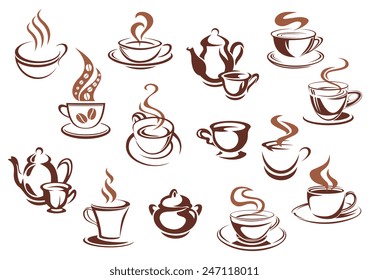 Coffee cups and pots in sketch style and brown colors with swirls of steam and coffee beans for cafe menu or coffee shop advertising design