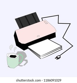 coffee cups, printers and paper