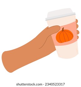 Coffee cups with pumpkin isolated on white background. Hand holding coffee cup. Cup with autumn design. Hello Autumn seasonal concept . 