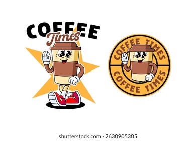 xícaras de café retro personagem de desenho animado mascote ilustração com pose de caminhada e mostrando cheque mão ok para café, casa de café, restaurante, praça de alimentação, cafés mascotes e mercadoria