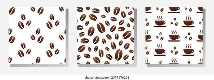 Coffee cups and roasted coffee beans on white background. Vector seamless patterns collection. Best for textile, cafe decor, wallpapers, wrapping paper, package and your design.