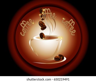 Coffee cups with roasted coffee beans on black background
