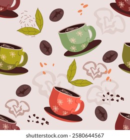 Coffee cups seamless pattern design. Repeatable decorative background with coffee  and cups elements, vector flat illustration.