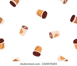 Coffee cups seamless pattern. Endless background, texture design with latte, cappuccino, hot caffeine drinks. Repeating print with cafe beverages. Flat vector illustration for decor, package, textile