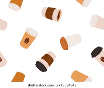 Tazas de café sin patrón. Fondo sin fin, diseño de textura con café con leche, capuchino, bebidas calientes de cafeína. Repitiendo impresión con bebidas de café. Ilustración vectorial plana para la decoración, paquete, textil