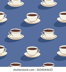 Xícaras de café padrão sem costura no fundo azul. Ilustração vetorial, design com loop, banner