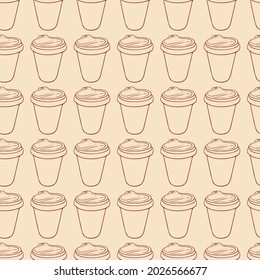 Coffee cups semless pattern. Cartoon coffee and tea mugs collection. Vector coffee cup take away